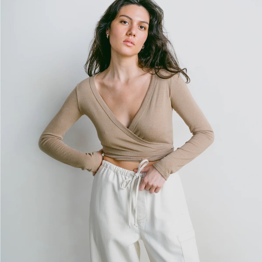 OZMA Dance Wrap Top, Regen Silk Noil Jersey, Tea. Small